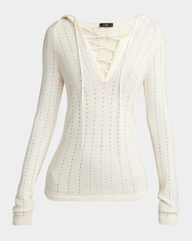 Laced V-Neck Pointelle Knit Hoodie